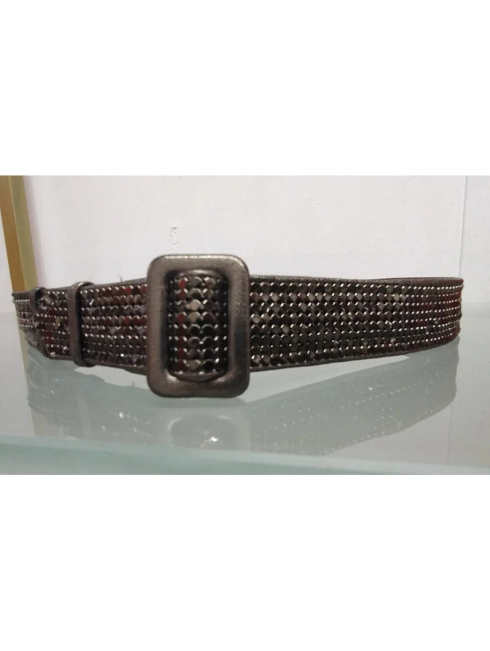 1970s Metal Mesh Olive Metallic Leather Belt Cinch Waist Small 25 / 27
